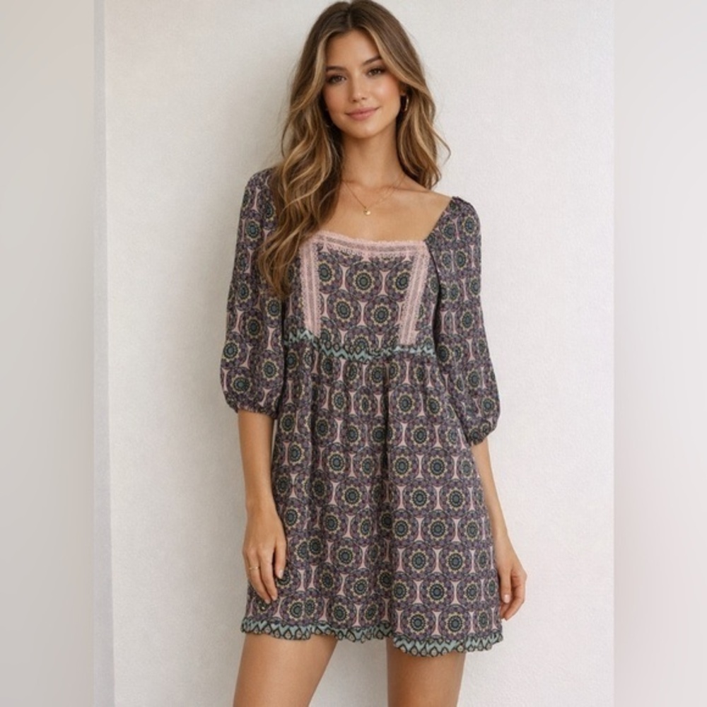 Nicole Miller Babydoll Dress Silk Blend Pink Lace M Cottagecore Peasant Boho
